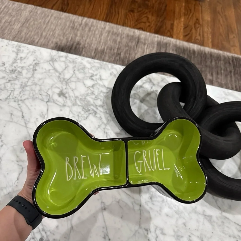 Rae Dunn BREW GRUEL Black & Green Ceramic Glaze Bone-Shaped Pet Bowl